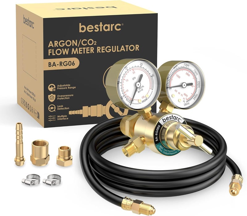 bestarc Argon CO2 Regulator Gauges Gas Welding with 9.8FT Gas Hose, CGA580 Inlet Connection, 0-4000PSI Input Pressure for MIG and TIG Welding - Image 1